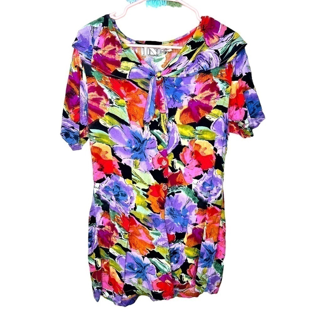 In Charge Vintage 90s Retro Colorful Floral Print Short Sleeve Romper Medium